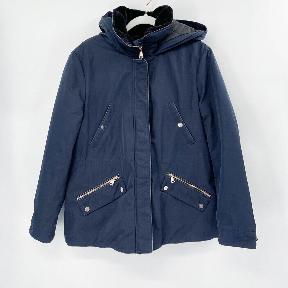 Zara Hooded‎ Winter Coat Jacket Sz L Blue Quilted Lining Zip Up Pockets Outdoor